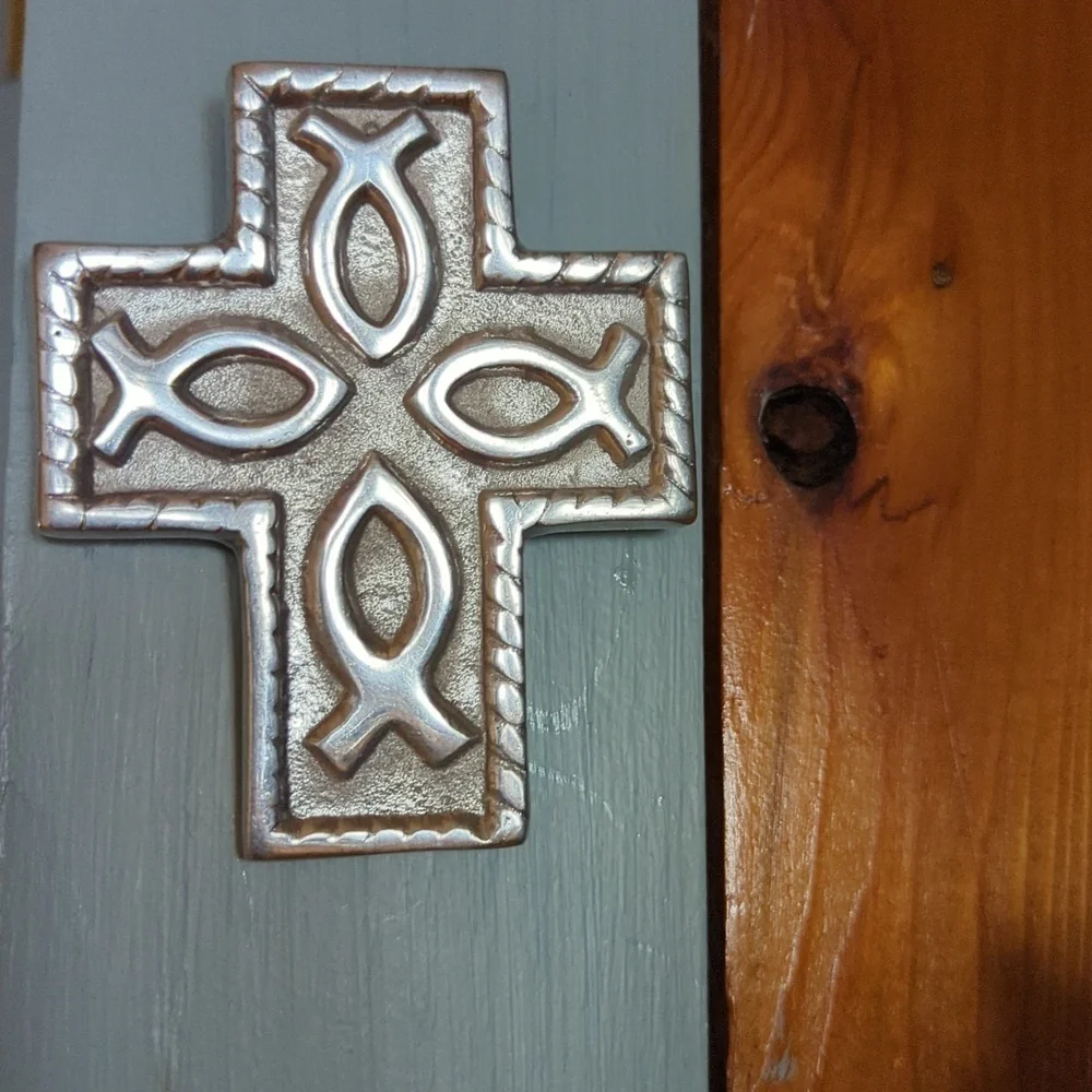 Mexican Cross silver tone fish symbols 3.5
